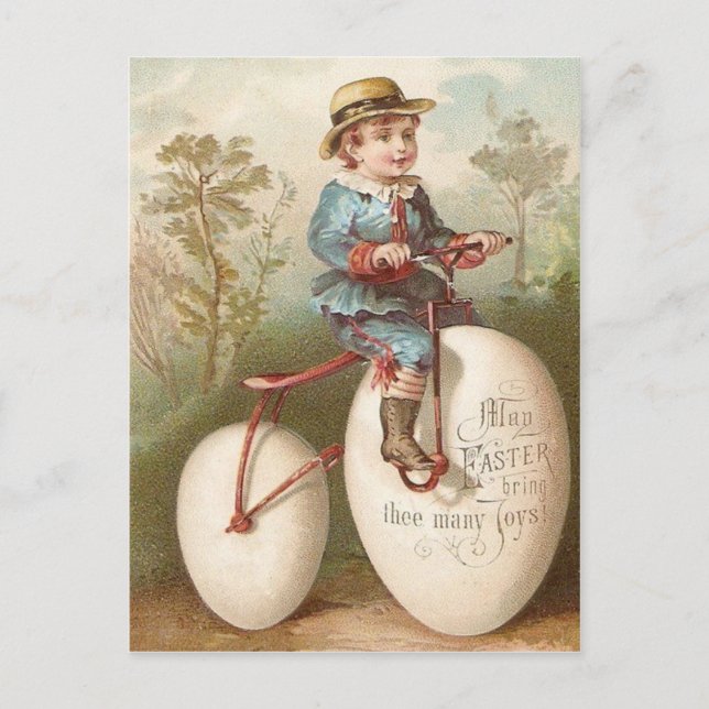Victorian Boy Bicycle Easter Egg Holiday Postcard (Front)