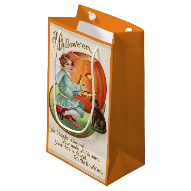 Victorian Boy Carving Pumpkin Halloween Small Gift Bag (Front Angled)