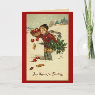 Victorian Boy with Christmas Tree Holiday Card