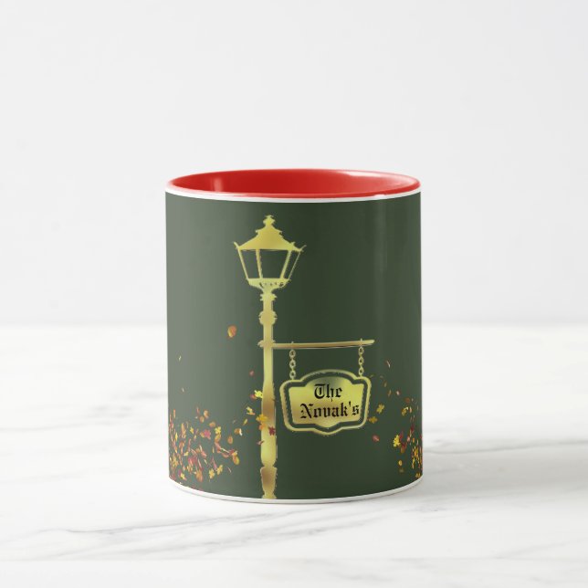 Victorian brass lamp post lantern winter green mug (Center)