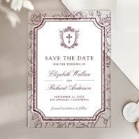 Victorian Burgundy Catholic Wedding Save the Date