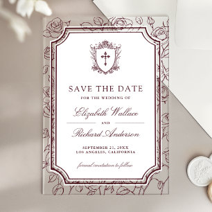 Victorian Burgundy Catholic Wedding Save the Date Acrylic Invitations