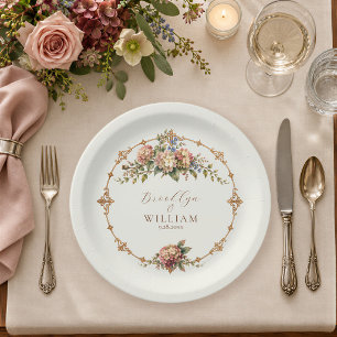 Victorian Burgundy Elegant Summer Floral Script Paper Plate