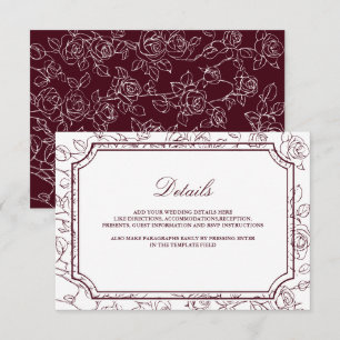 Victorian Burgundy Floral Line Art Wedding Details Enclosure Card
