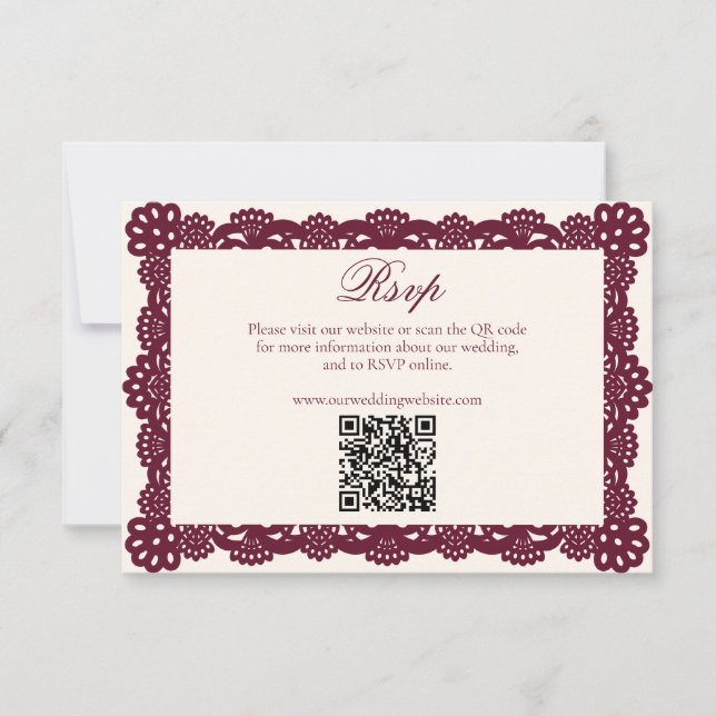 Victorian Burgundy Ivory Lace Wedding Website QR RSVP Card (Front)