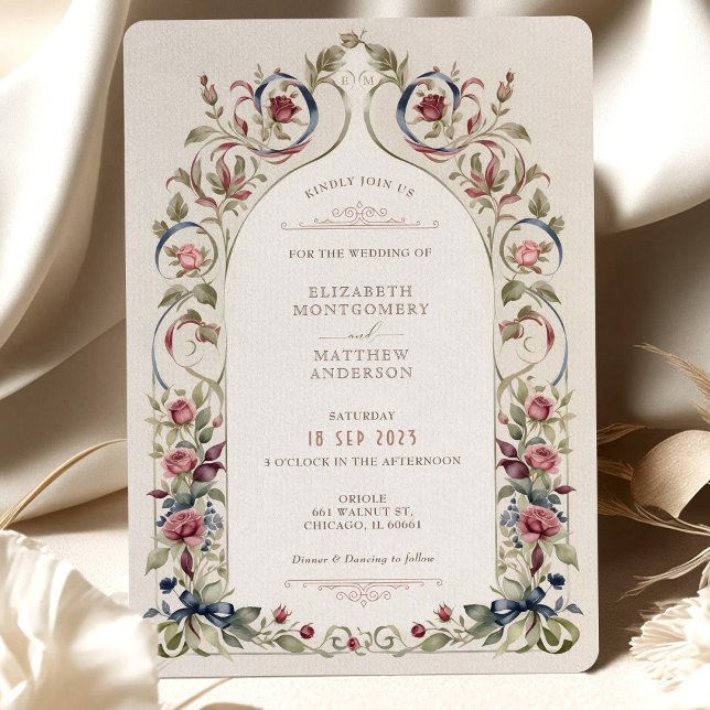 Victorian Burgundy Navy Blue Wedding Invitation (Creator Uploaded)