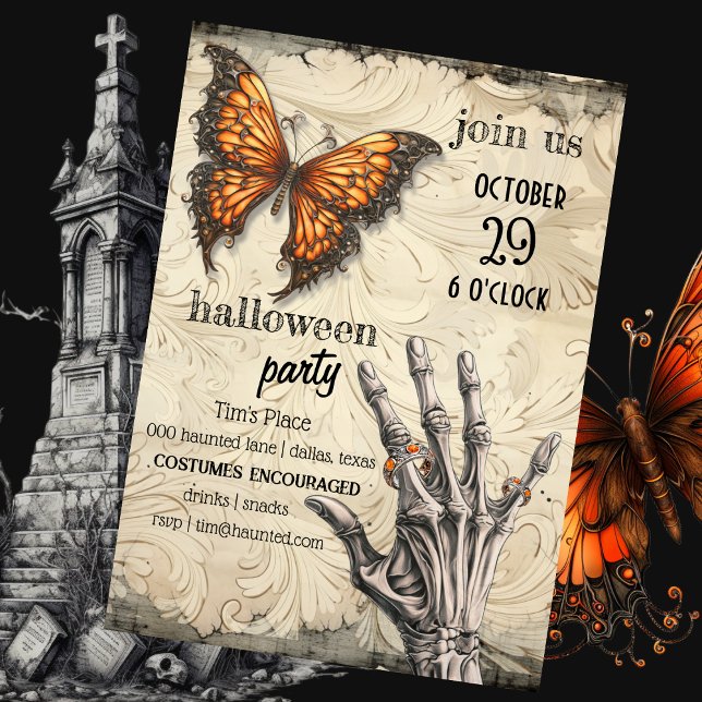 Victorian Butterfly | Skeleton | Gothic Halloween  Invitation (Haunted Halloween party invitation with steampunk monarch butterfly and skeleton hand with rings. )