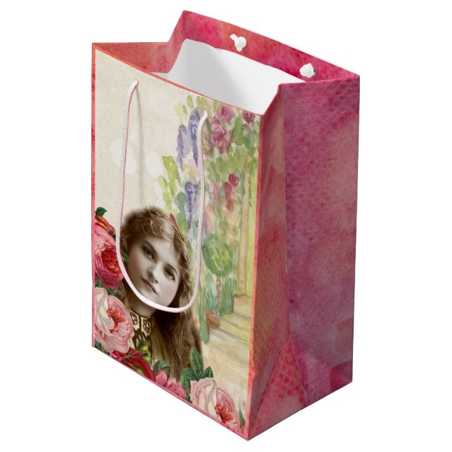 Victorian Cabbage Roses Woman Floral Gift Bag (Front Angled)