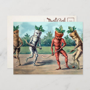 Victorian Carrots Playing Hockey Postcard