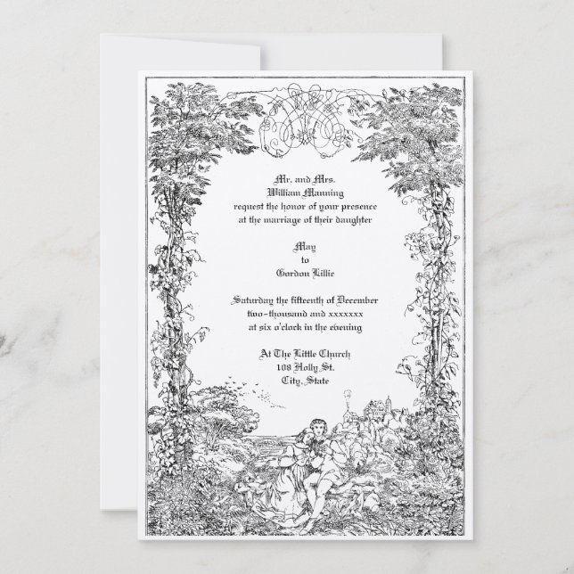 Victorian Castle Couple Foliage Border Wedding Invitation (Front)