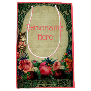 Victorian cat and sheet music rose floral vintage medium gift bag