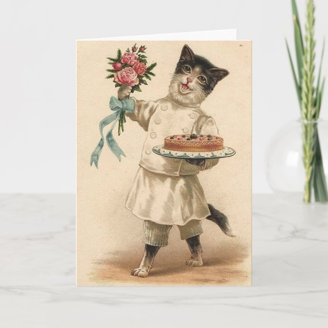Victorian Cat Chef / Baker Birthday Card (Front)