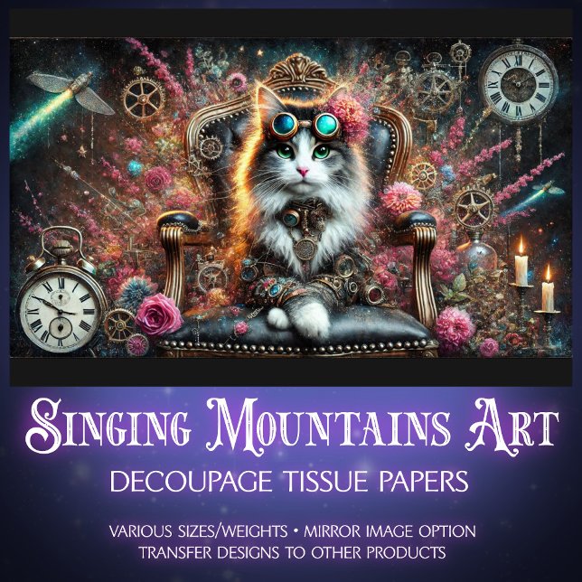 Victorian Cat Floral Steampunk Clocks Decoupage  Tissue Paper (Creator Uploaded)