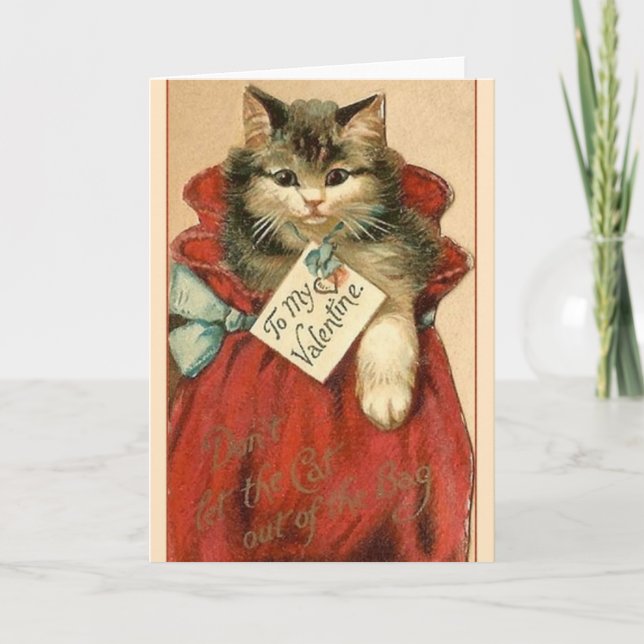 Victorian Cat In Bag Valentine's Day Card (Front)