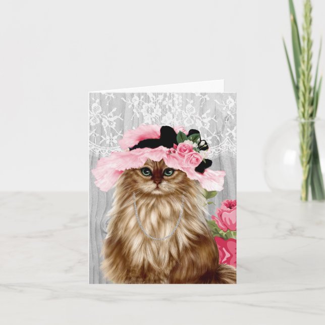Victorian Cat in Hat Greeting Card (Front)