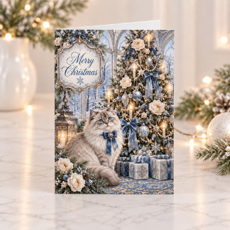 Victorian Cat Vintage Blue Floral Christmas Holiday Card