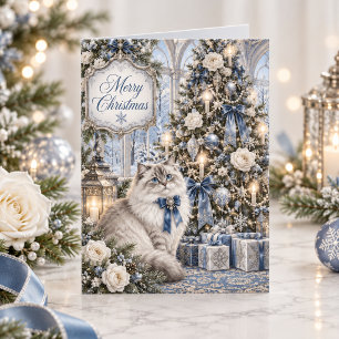 Victorian Cat Vintage Blue Floral Christmas Holiday Card