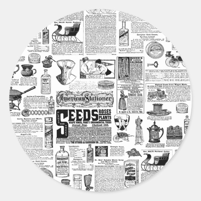 victorian catalog black white antique toile classic round sticker (Front)