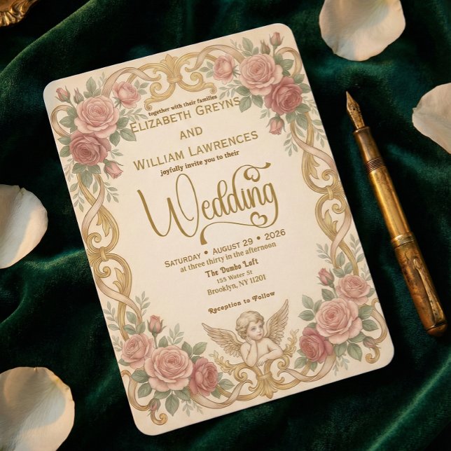 Victorian Cherub & Rococo Floral Frame Wedding Invitation (Creator Uploaded)
