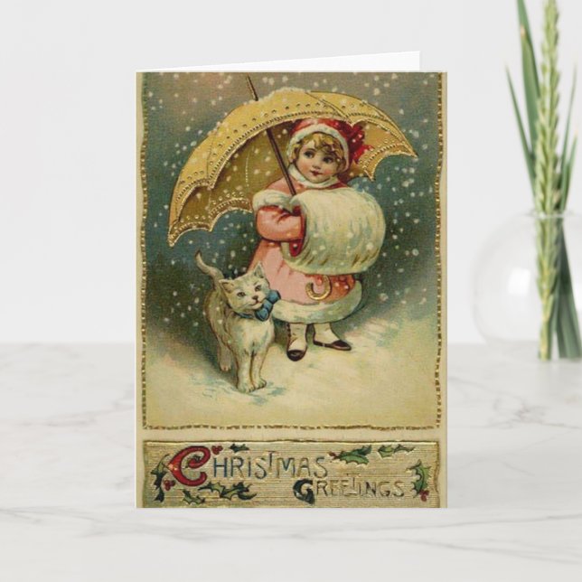Victorian Child and Cat in Snow Christmas Card (Front)