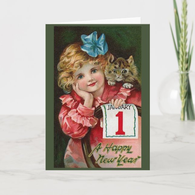 Victorian Child and Kitten New Year Greeting Card (Front)