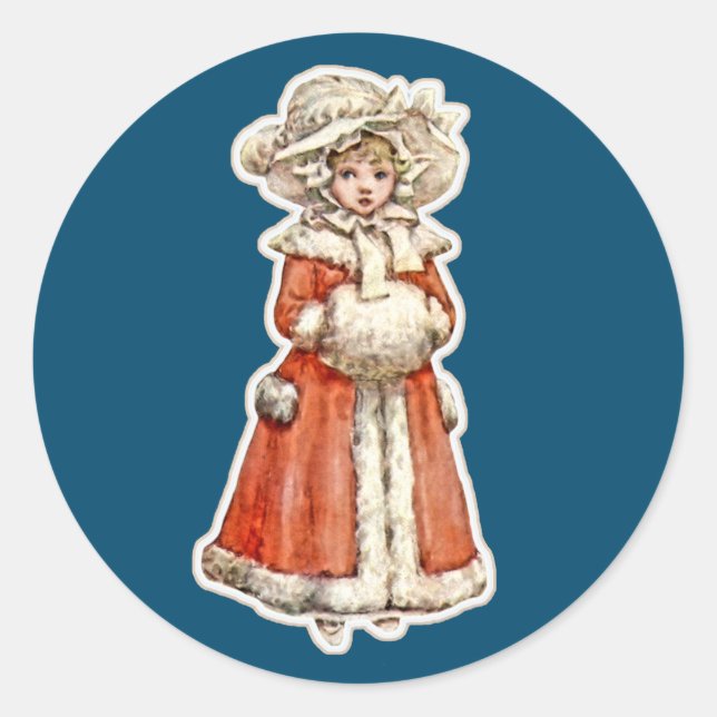 Victorian child paper doll winter coat hand muff classic round sticker (Front)