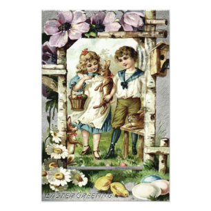 Victorian Children Easter Bunny Chick Egg Birdhous Photo Print