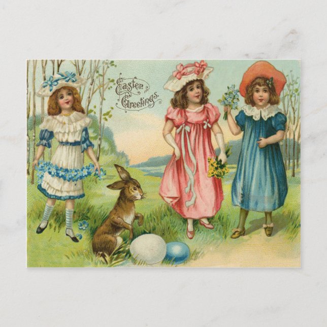Victorian Children Easter Bunny Coloured Egg Holiday Postcard (Front)