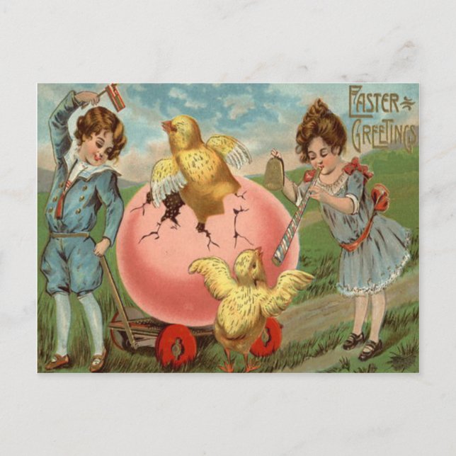 Victorian Children Easter Chick Coloured Egg Holiday Postcard (Front)