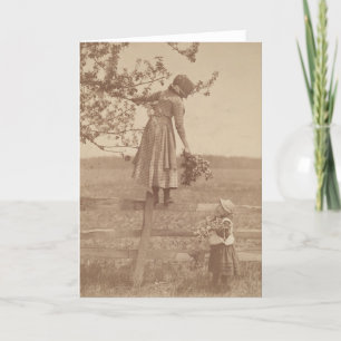 Victorian children gathering flowers old photo  holiday card