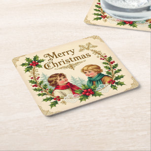 Victorian children Merry Christmas vintage Square Paper Coaster