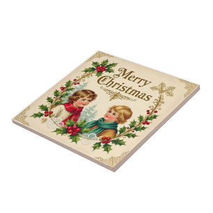 Victorian children Merry Christmas vintage Tile