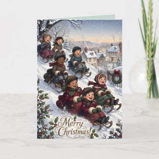 Victorian children sledding Christmas card