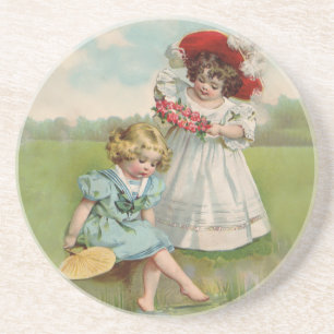 Victorian Children Vintage Summer Girls Garden Coaster