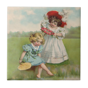 Victorian Children Vintage Summer Girls Garden Tile