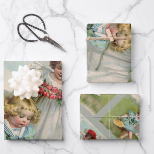 Victorian Children Vintage Summer Girls Garden Wrapping Paper Sheet