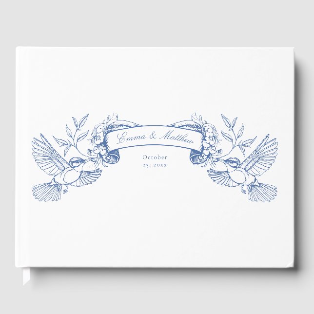 Victorian Chinoiserie Blue Botanical Birds Banner Guest Book (Front)