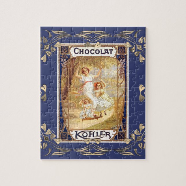 Victorian chocolate label floral elegant blue gold jigsaw puzzle (Vertical)