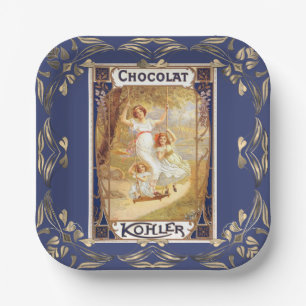 Victorian chocolate label floral elegant blue gold paper plate