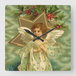 Victorian Christmas Angel with Vintage Gold Star Square Wall Clock