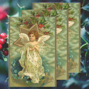 Victorian Christmas Angel with Vintage Gold Star Wrapping Paper Sheet