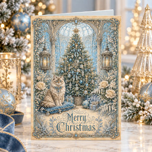 Victorian Christmas Cat Vintage Blue Floral Holiday Card