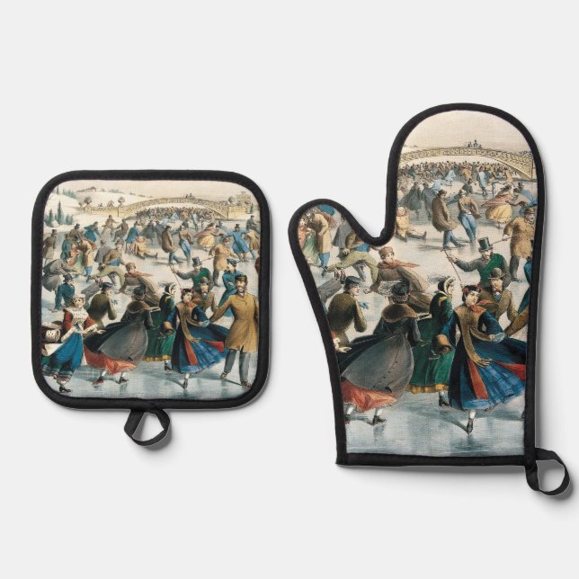 Victorian Christmas Central Park Currier & Ives Oven Mitt & Pot Holder Set (Front)