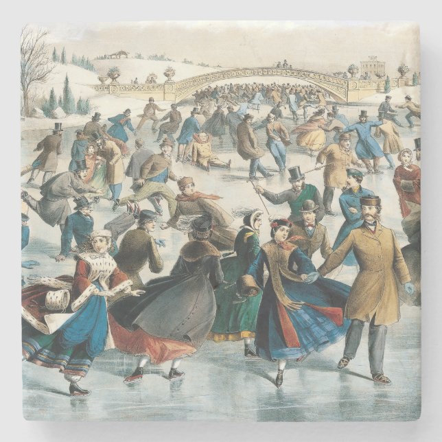 Victorian Christmas Central Park Currier & Ives Stone Coaster (Front)
