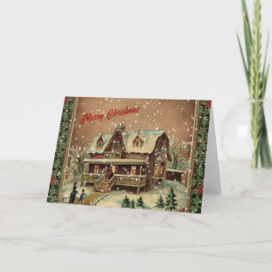 Victorian Christmas Cottage in Winter Illustration Holiday Card