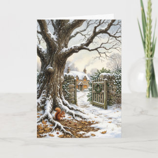 Victorian Christmas Cottage & Winter Oak Painting Holiday Card
