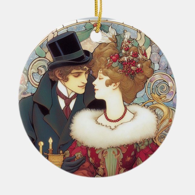 Victorian Christmas Couple  Ceramic Tree Decoration (Front)