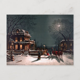 Victorian Christmas Eve Party Mansion Sleigh Snow Postcard