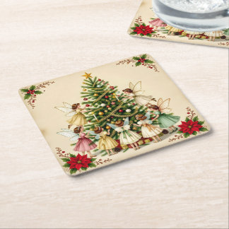 Victorian Christmas Fairy Gathering Square Paper Coaster