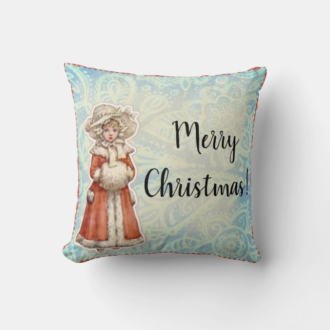 Victorian Christmas Girl in Fur Red Coat Cushion (Front)